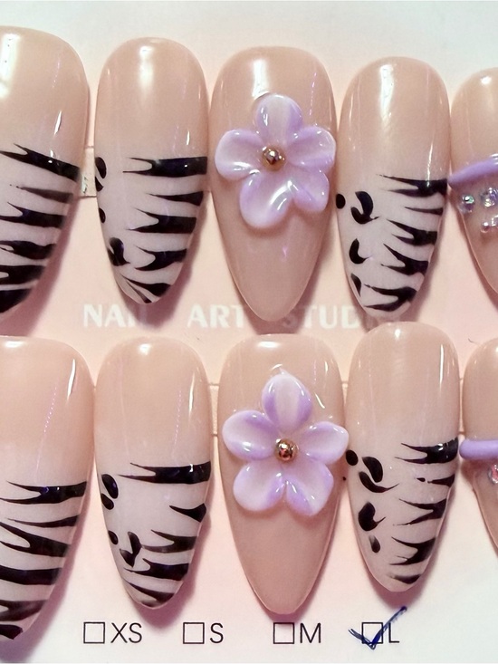 Other - Nude Almond Press-On Nails with Black Zebra Stripes & Lilac 3D Flowers